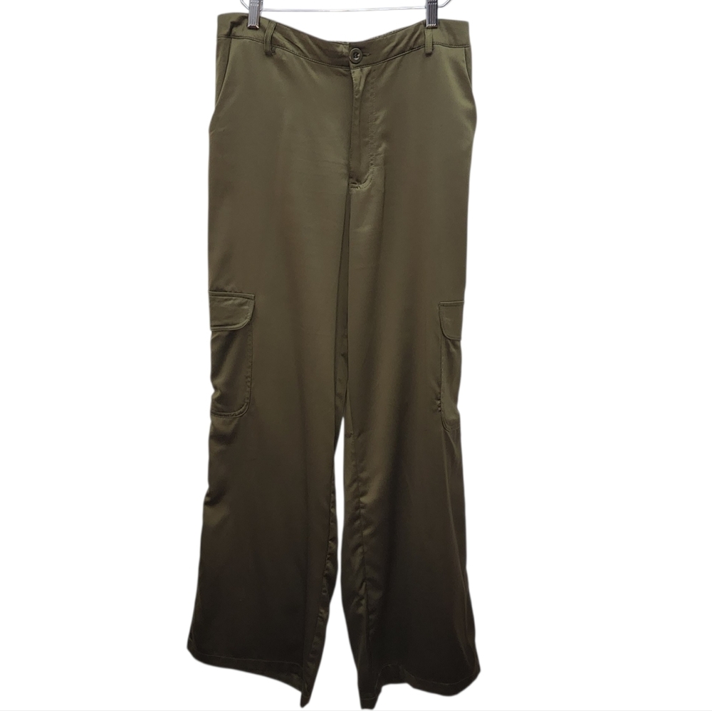 MOD Olive Green Satin Cargo Pants Utility Wide Leg Streetwear Women Sz M